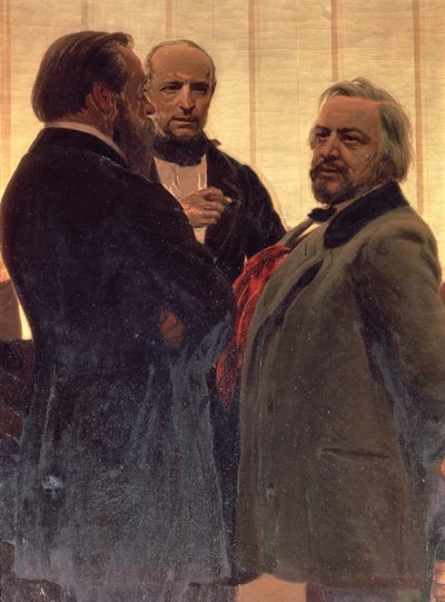 Wladimir Odojewski (1803-69), Mili Balakirew (1837-1910) und Michail Iwanowitsch Glinka (1804-57), 1890er (Detail) von Ilya Efimovich Repin